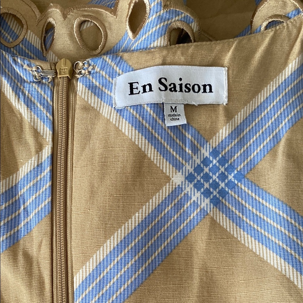 En Saison Tan and Light Blue Plaid Tiered Eyelet Hem Dress - Picture 9 of 10